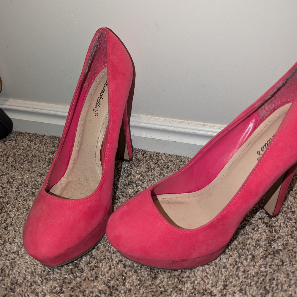 Pink velvet heels